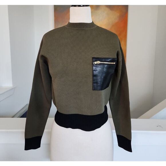 Aleeza Paris Moss Green Sweater with Black Leather Pocket Size S NWT - Picture 1 of 7